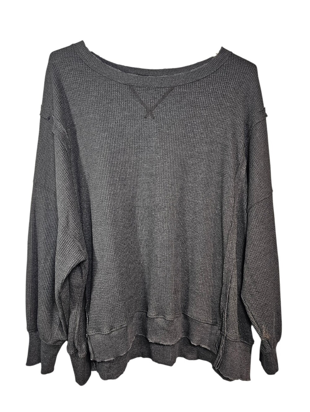 American Eagle Charcoal "Seriously Lived-In" Oversized Waffle Knit Top Size L